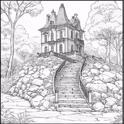 the stairs to the house that is built in the forest
