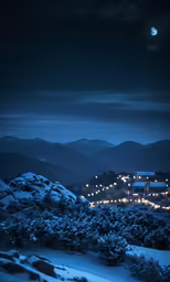 a snowy hillside has some lights on it