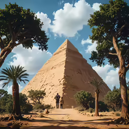 two men are standing at the entrance to an ancient pyramid