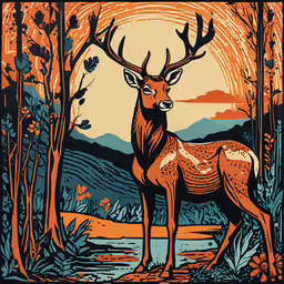 an illustration of a deer standing in the middle of a forest,a deer stands in a forest, surrounded by trees