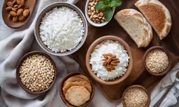 a bunch of different foods are shown on a table