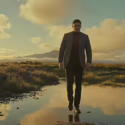 a man walking through a puddle in the grass