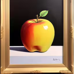 an apple is seen in this oil painting,an oil painting of a single apple with green leaves,an oil painting of an apple is in a gold frame,a painting of a red apple on a white counter,an apple sits on a white surface