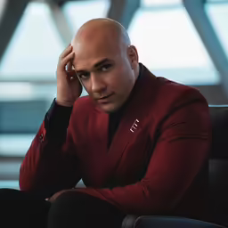 man sitting in chair, staring directly at camera with hand on ear