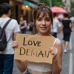 a woman standing in the street holding a cardboard sign