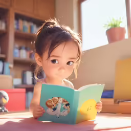 a small girl sits at a table holding an open book