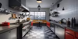 a kitchen has checkered black, white and red tile floors