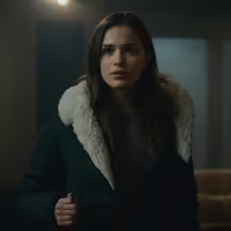 a woman wearing a coat standing in the dark