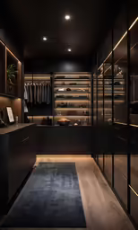 a photo of a walk in closet with clothes hanging from the wall