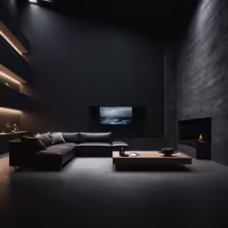 a dark living room with a large couch and a table in it