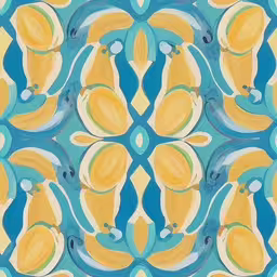 a painting is shown with yellow and blue accents,an artistic painting with abstractly colored shapes