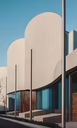 architecture of a building on the corner with trees outside