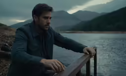 a man in a jacket leaning on a rail