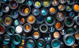 colorful circular mirrors reflecting different objects in a display