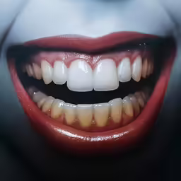 a creepy face with white teeth and clown makeup