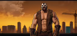 a picture of the wrestler wrestler in front of a city,a painting of the villain in front of a city