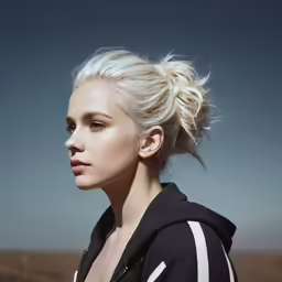 a beautiful blond woman wearing a black jacket