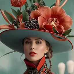 woman in a wide brimmed hat and large flowers