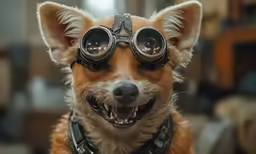 there is a dog wearing goggles and a harness