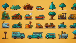 a set of cartoon cars and trailers are shown,different types and sizes of vehicles with trees in the background