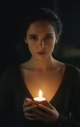 a woman holding a candle while wearing a sweater