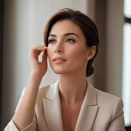 an attractive woman with blue eyes looks up and smiles