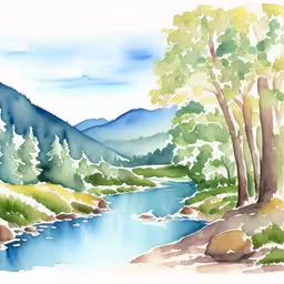 a painting of a river and forest scene,a mountain river surrounded by trees and shrubs,watercolor painting on paper showing the stream and mountains,painting of beautiful mountains, river and trees,a painting of trees along a stream in a mountainous region