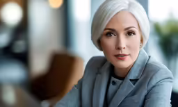 a white woman wearing a grey suit looks into the camera