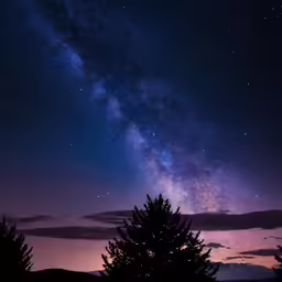 a night view of the stars in the sky with trees and clouds