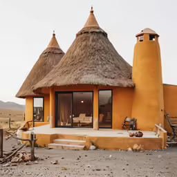 an out buildings with straw roofs sitting in the middle of a field