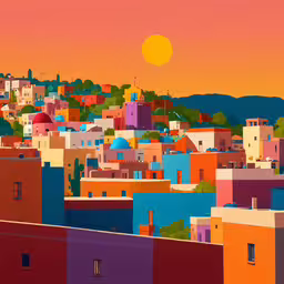 an image of a city from the roof of a house,a colorful city with buildings and hills at sunset