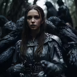 a woman dressed in black with many dark birds
