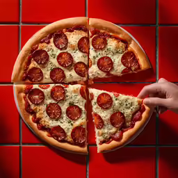 this is the image of someone taking a slice of pizza