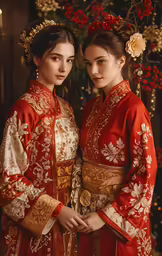 two young women wearing red and gold asian outfits