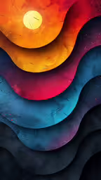 there is a painting of an ocean with waves,a painting of colorful waves and a sun in the distance