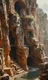 a beautiful scene with rock formations and a river running between them