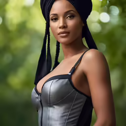 a woman with an unusual black dress and some hair