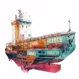 a painting of a cargo ship is shown