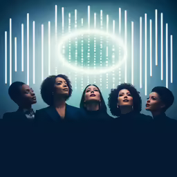 a group of women in suits stand in front of a neon background