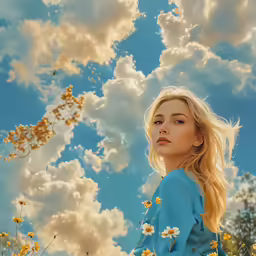 a blonde woman in blue looking up into the sky