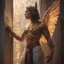 a man dressed in gold wings and chains