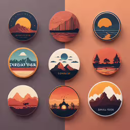 six round badges are placed on the wall,a series of nine badges with different designs