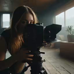 a woman filming a film in front of a window