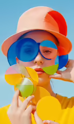 a woman wearing a hat and glasses holding up some circles