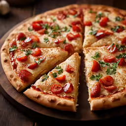 a whole pizza sitting on top of a wooden table