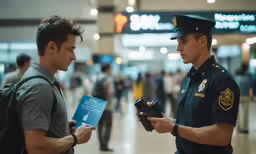 a policeman talks to a man in an airport terminal