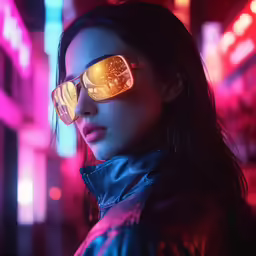 a girl with glasses and a leather jacket stands near neon lights