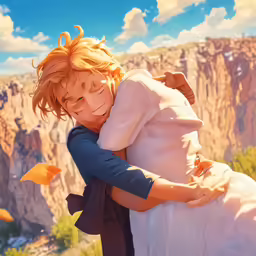 the young child is hugging the adult and looking up