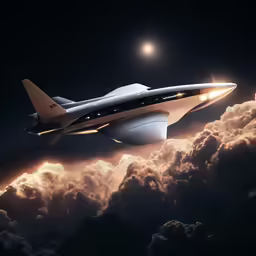 a futuristic looking ship is seen flying over the clouds