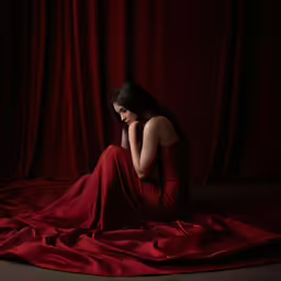 a woman in a red dress is on a red surface